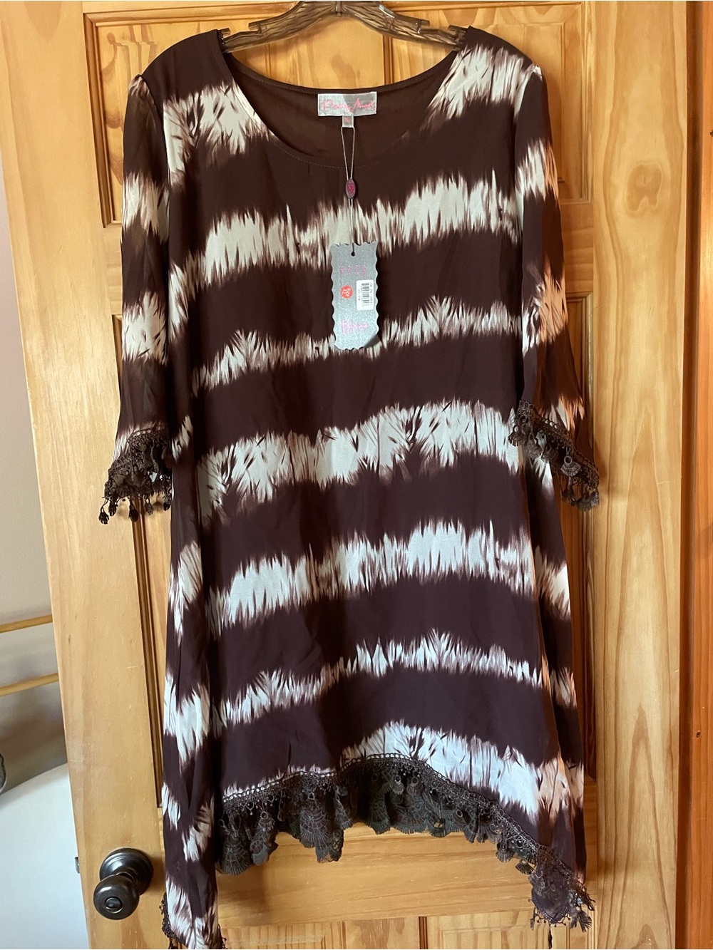 Pretty Angel Brown & White Tie-Dye Asymmetrical Lace-Hem Dress